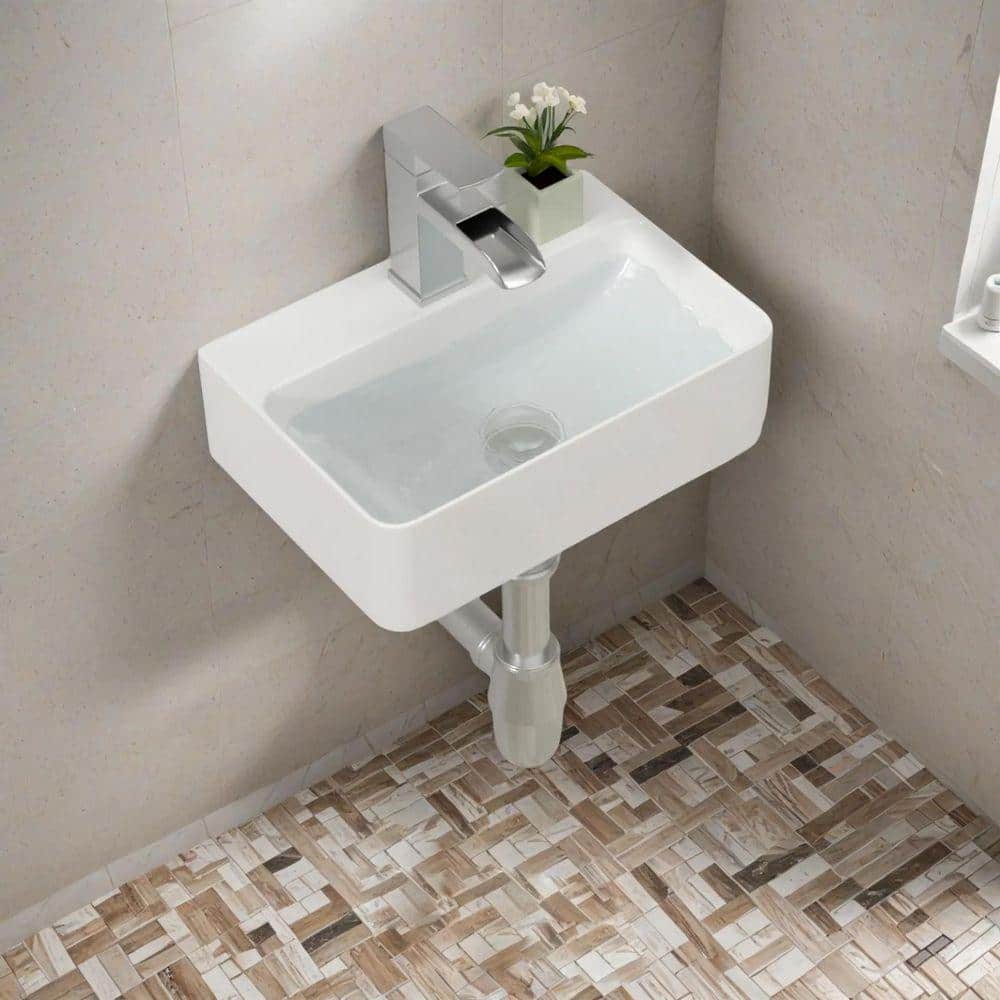 LORDEAR Wall Mount Floating Rectangular Lavatory Vanity Vessel Sink White with Single Faucet Hole and Overflow