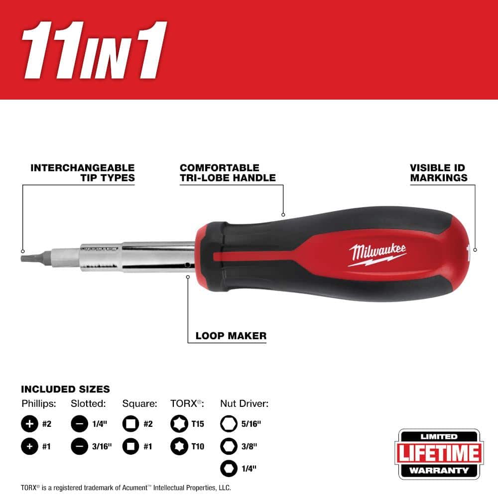 Milwaukee 11-in-1 Multi-Tip Screwdriver with Square Drive Bits (3)