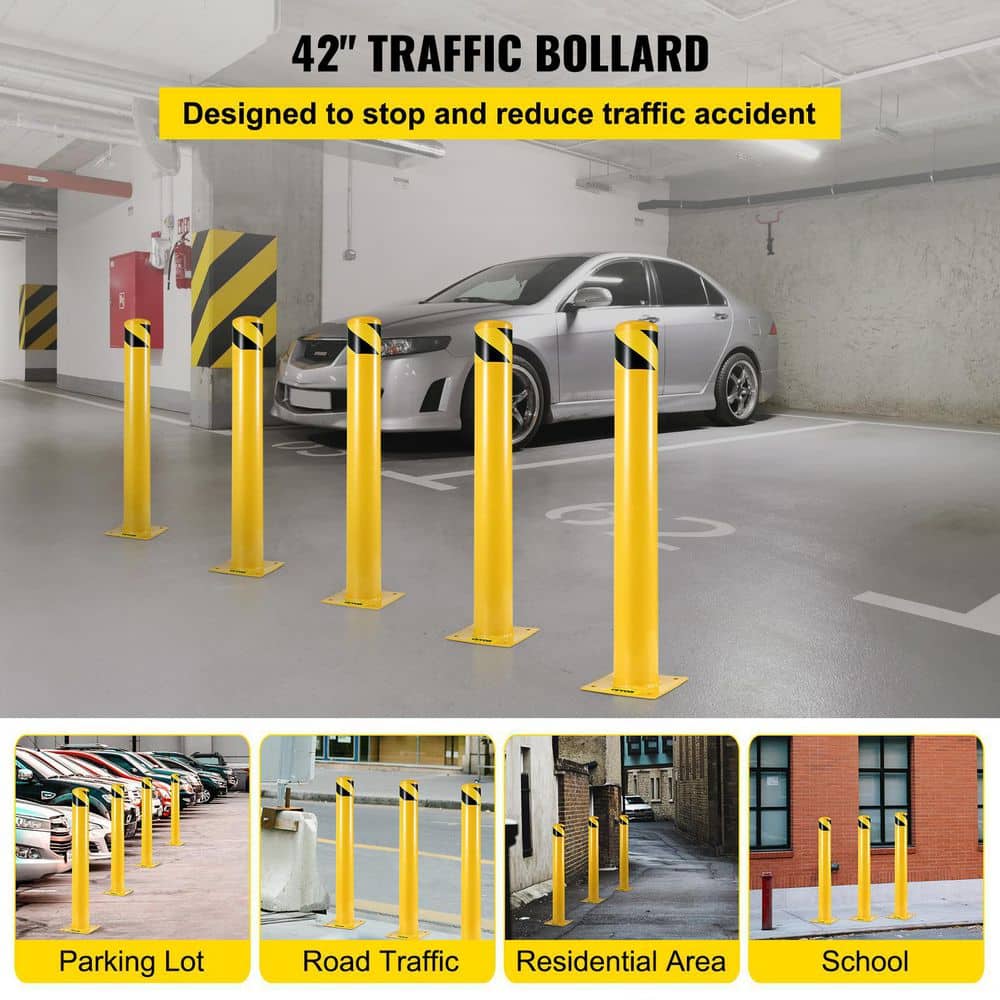 VEVOR 42 in. H x 4.5 in. Dia Safety Bollard Yellow Steel Safety Barrier with 4-Free Anchor Bolts for Traffic-Sensitive Area (3)