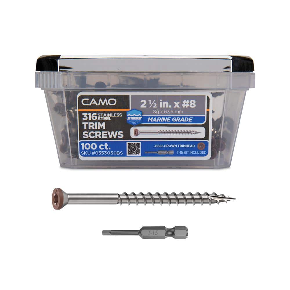 CAMO 2-1/2 in. #8 316 Stainless Steel Brown Premium Star Drive Trim Screws (100-Count) (1)