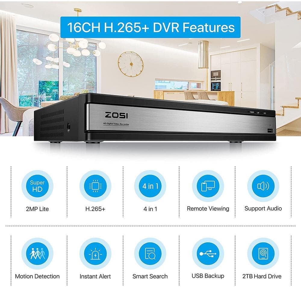 ZOSI 16-Channel 5MP-Lite 2TB DVR Security System with 4 1080p Dome Wired Cameras plus 8 1080p Bullet Cameras (2)