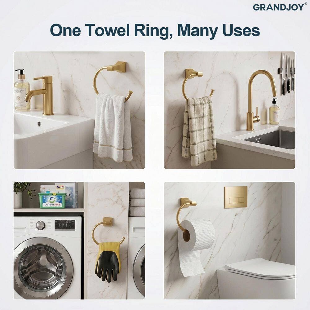 GRANDJOY 1-Piece Open Towel Ring Wall Mount Screw-in 1-Spray Dual Shower Head and Handheld Shower Head 2.5 GPM in Brushed Gold (3)