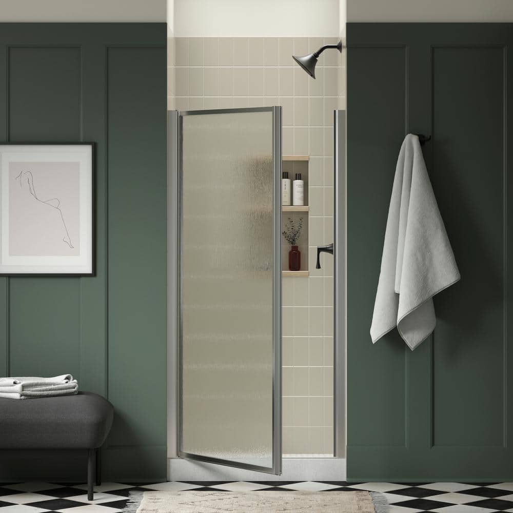 Sterling Standard 33-34 in. W x 64 in. H Framed Pivot Shower Door in Silver with 1/8 in. Thick Rain Textured Tempered Glass (2)