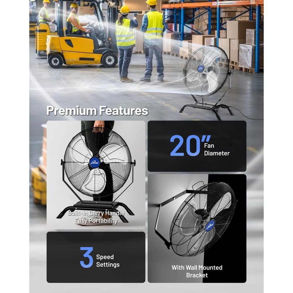 iLIVING 20 in. 3 Speeds Wall Mounted or Floor Stand, Indoor or Outdoor Floor Fan, with Adjustable Tilt Head, Black (3)