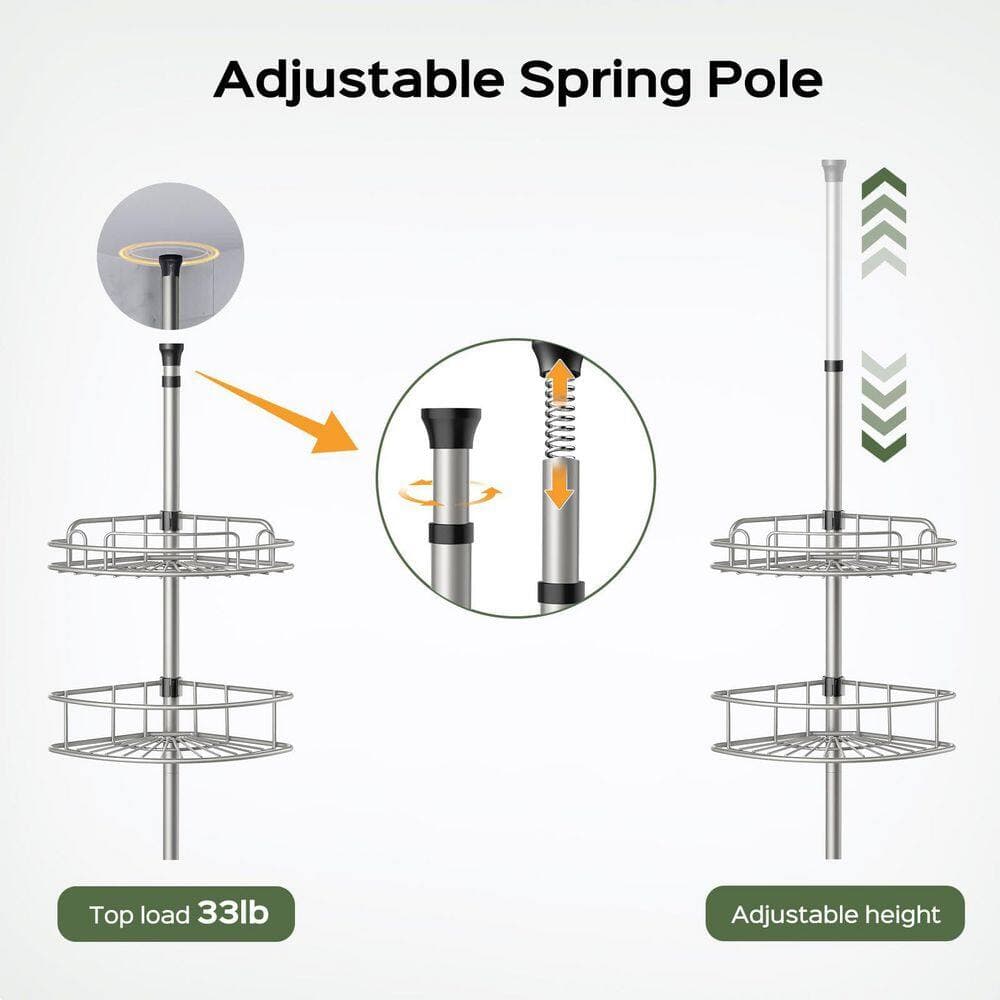 Numhew Tension Pole 4-Tier 47-121 in. Rust-Resistant Corner Shower Caddy in Silver Gray for Bathroom and Shower Storage (3)