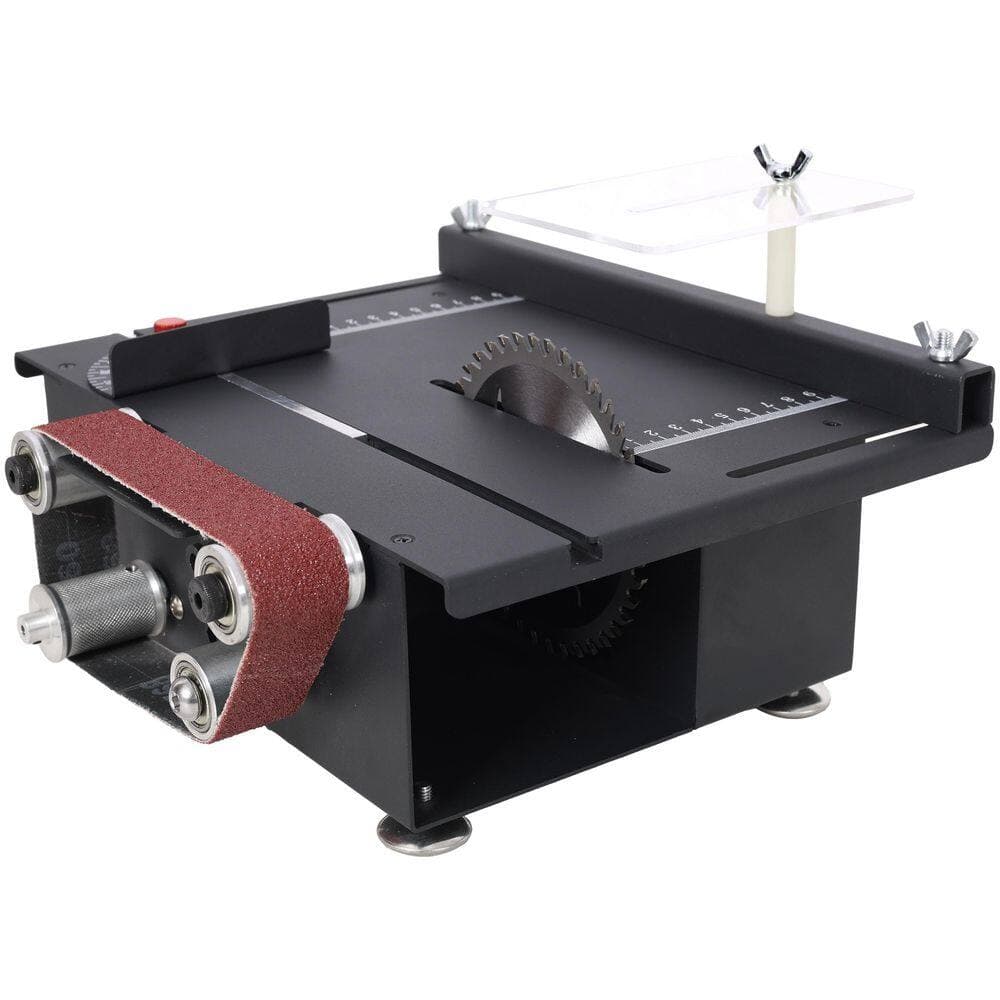 Unbranded 8. 5A Corded 11.5 in. Mini Table Saw, Belt Sander, 4pcs Blades, 10pcs Sanding Blet, 7 Gear Adjustable 0-90° Angle,Black (1)