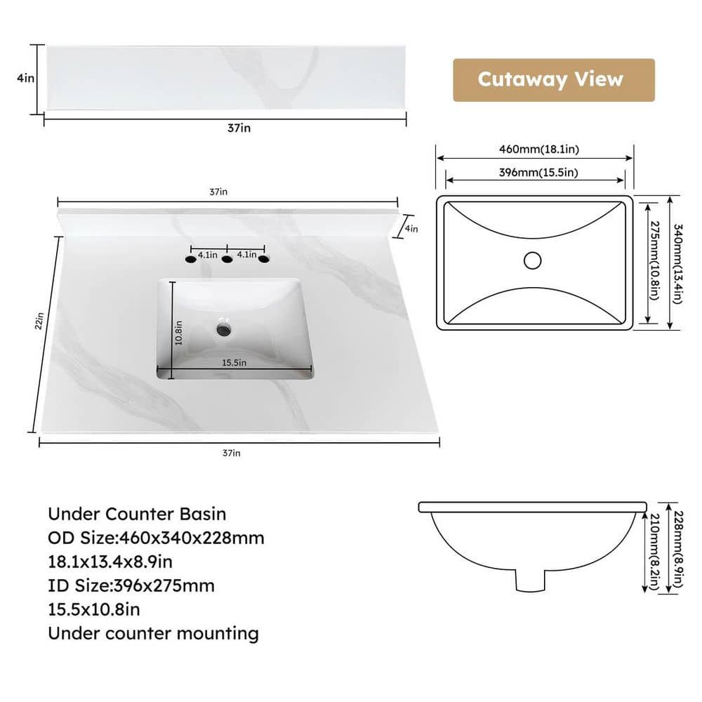 LIVACA 37 in. 22 in. Drop-In Bathroom Sink in Carrara White Quartz with Undermount Single Bowl (2)