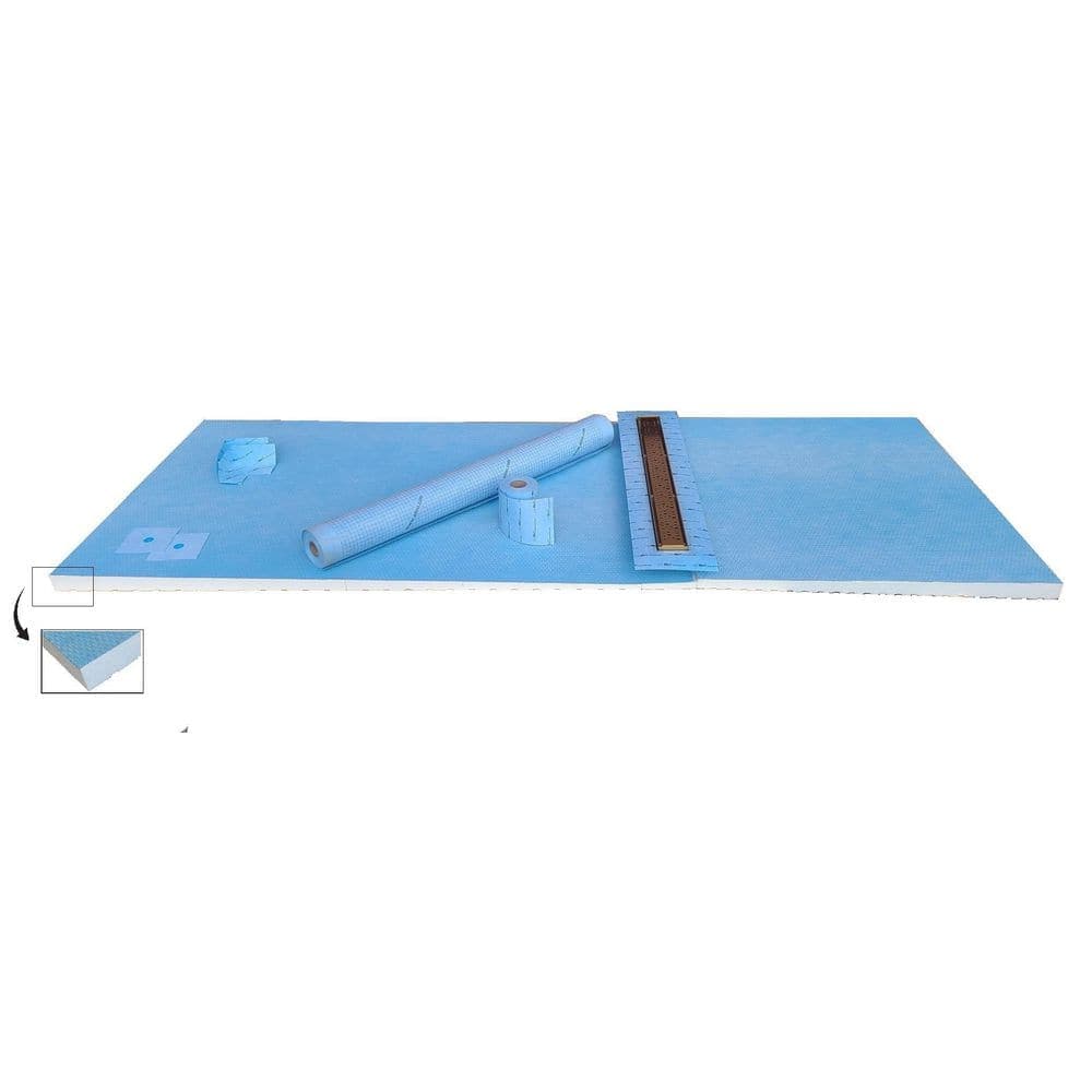 ALINO 36 in.W x 87.5 in.L or up to 36 in. x 60 in. Linear Waterproof Shower Kit, Pre slopped Pan w/30in Gold Off-center Drain (1)