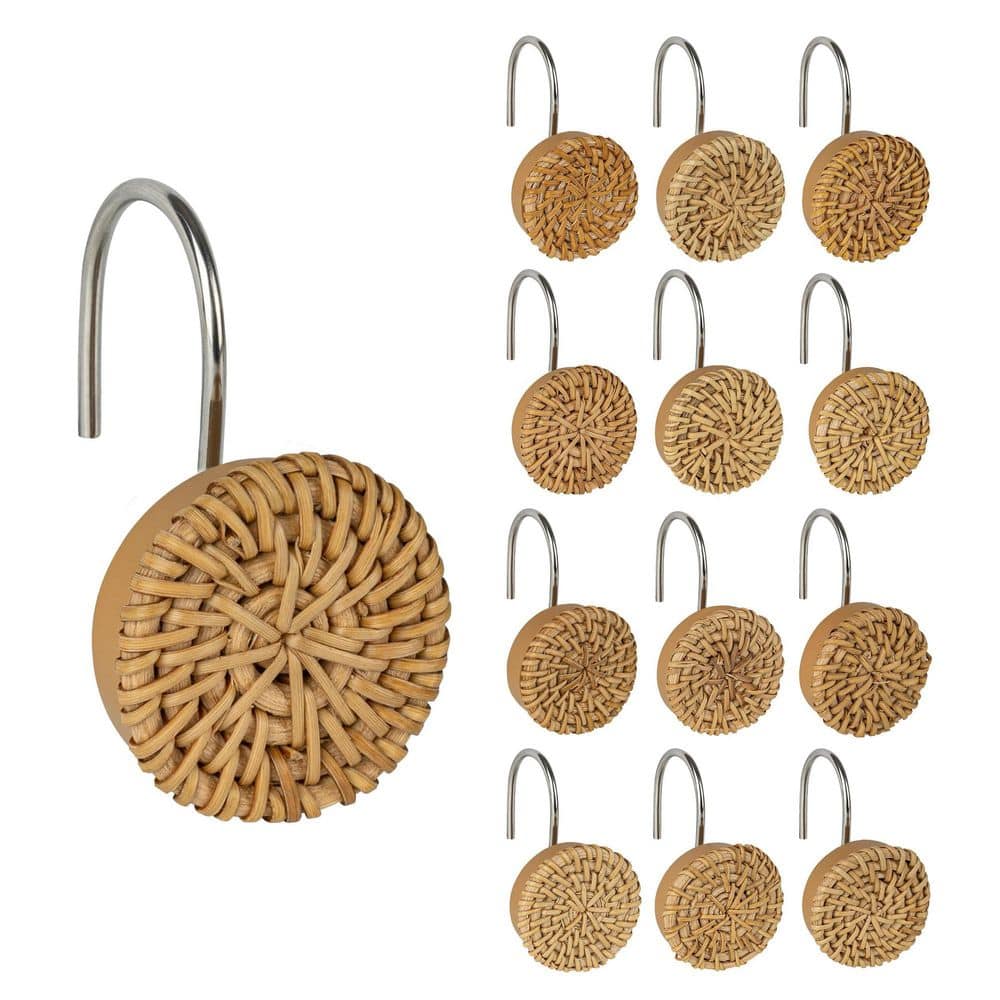 KHKFY Woven Rattan Shower Curtain Hooks set of 12 for Bathroom with Boho Farmhouse Style