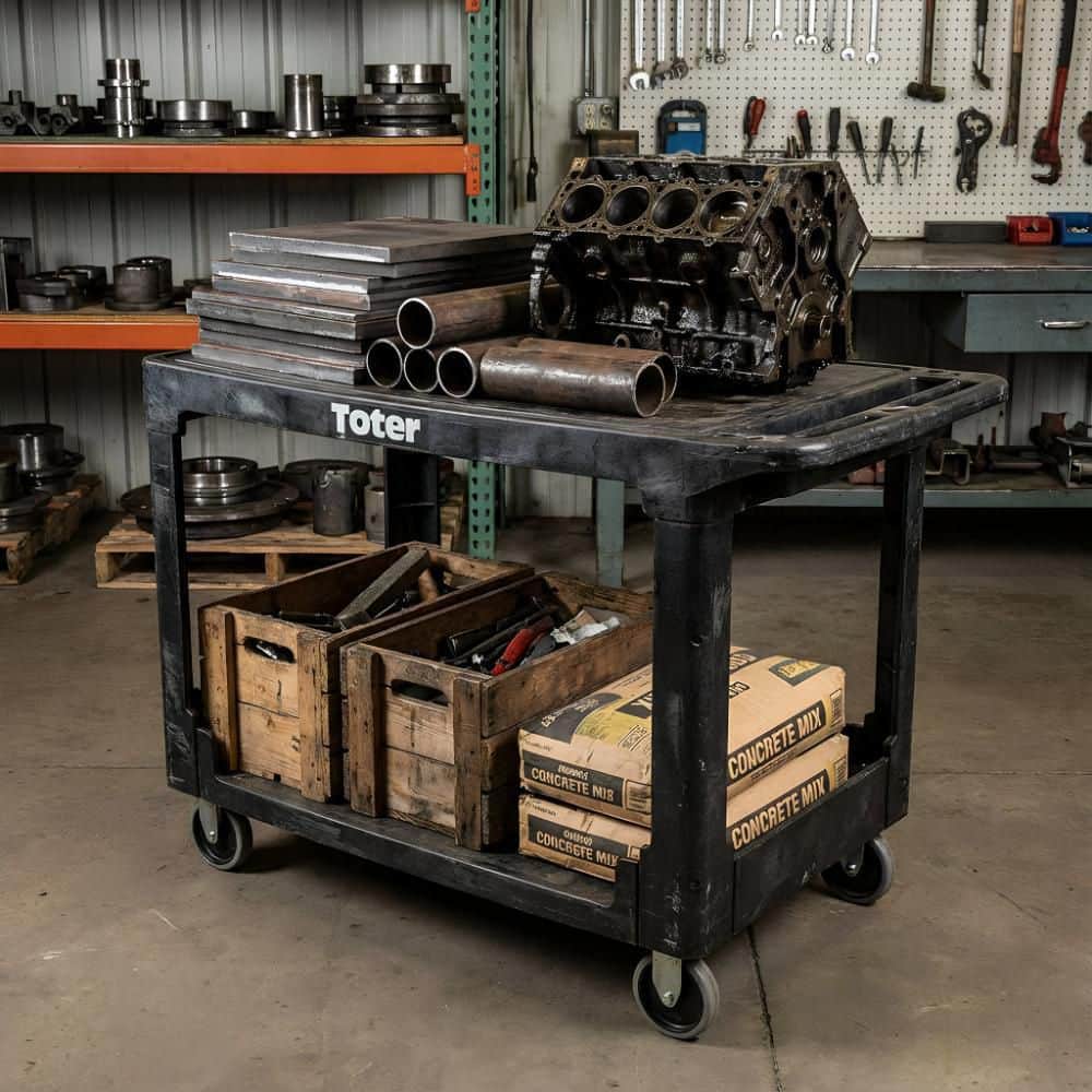 Toter 550 lbs. Capacity 44 in. x 25.3 in. x 32.3 in. Black Plastic 2-Tier 4-Wheeled Flat Top Straight Handle Utility Cart (3)