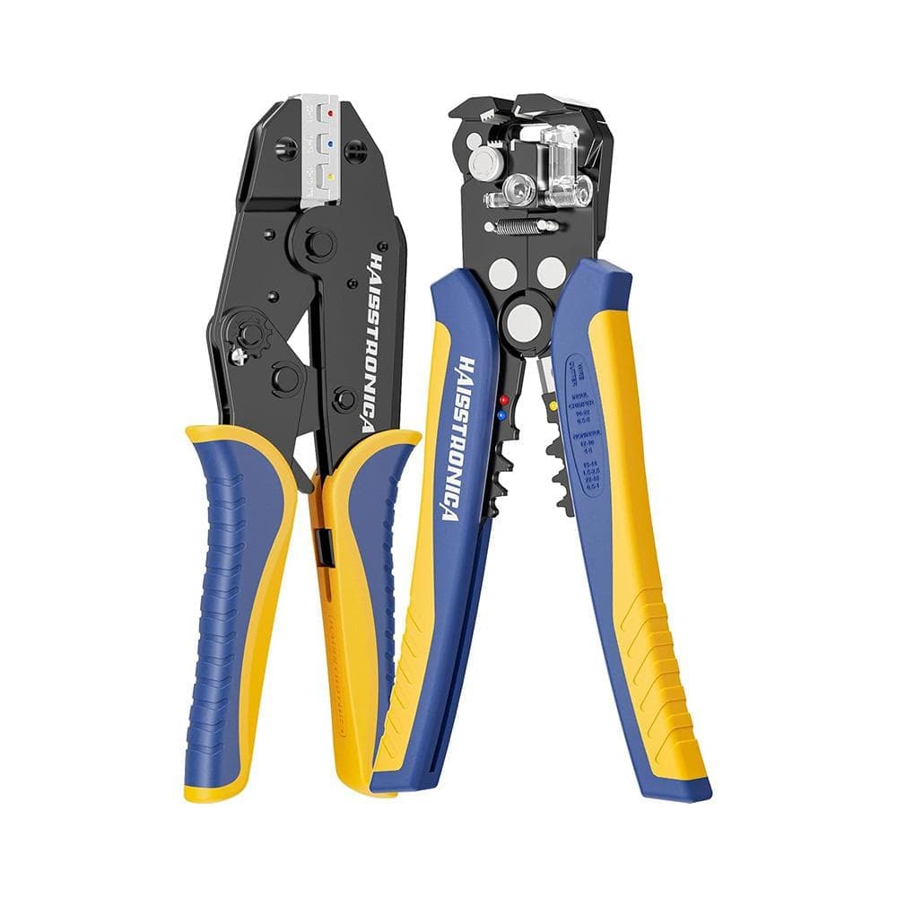 Lukyamzn AWG 22-10 Ratchet Wire Crimper Tool with AWG 24-10 Automatic Wire Stripper for Heat Shrink Connectors, Blue and Yellow (1)