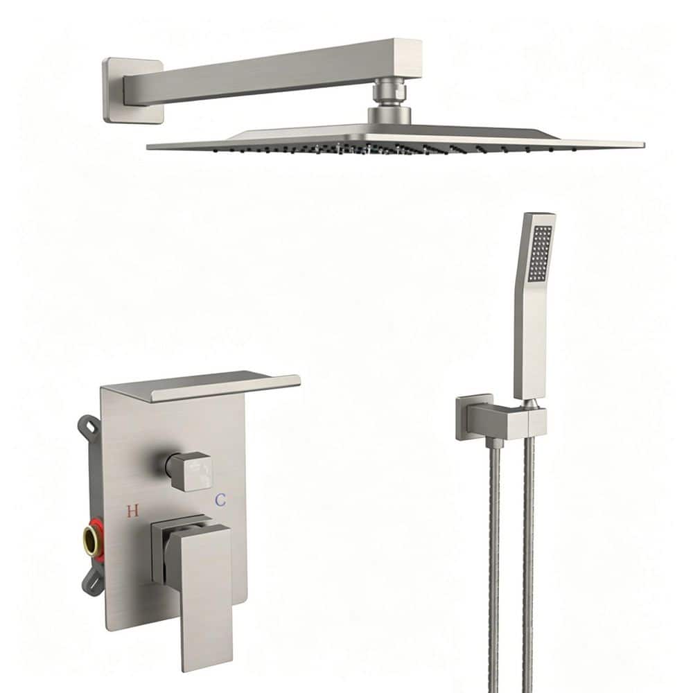 Wudkey 1-Piece Rainfall Shower System in Brushed Nickel with Storage Rack, Square Shower Head and Mounting Hardware (1)