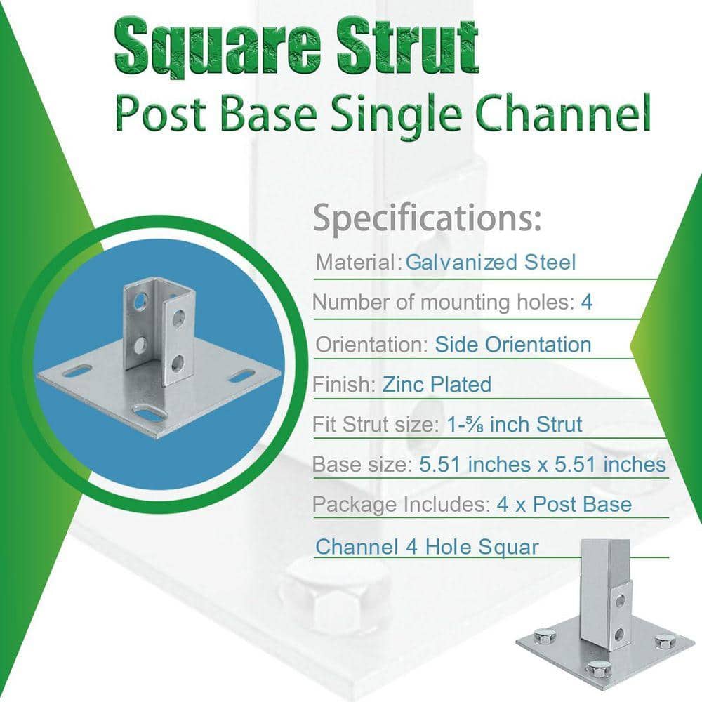 KIWDZFU Galvanized Steel 6 in. x 6 in. 4 Holes Square Mount for 1-5/8 in. Single Strut Channel Silvery Post Base, 4-Pack (2)
