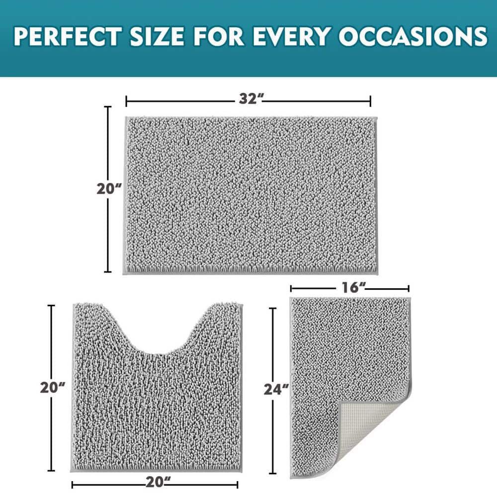 Wudkey 3 Pieces Bathroom Rugs Set, 20 in. x 32 in. Soft and Absorbent Shaggy Chenille Bath Mats, Non Slip Plush Carpet Runner (2)
