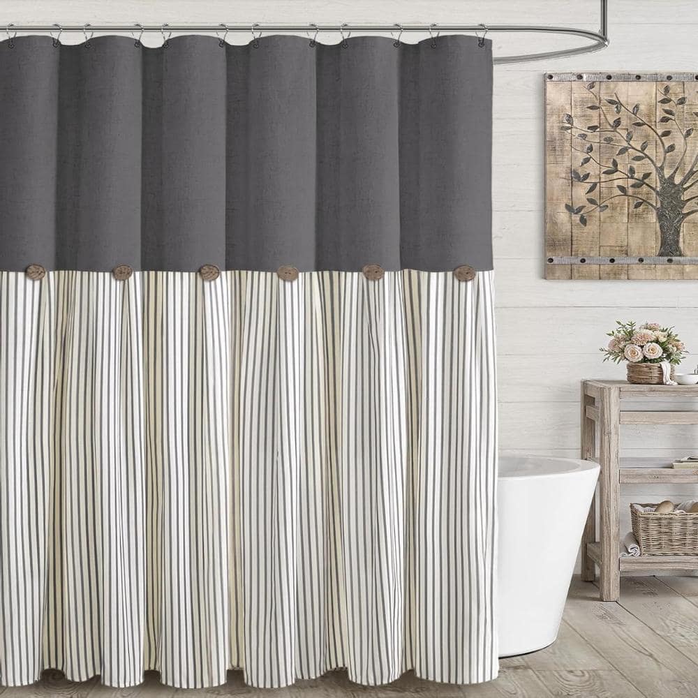 Unbranded 72" W x 72" L Rustic Shower Curtain Linen Button Woven Fabric,Gray Stripe (2)