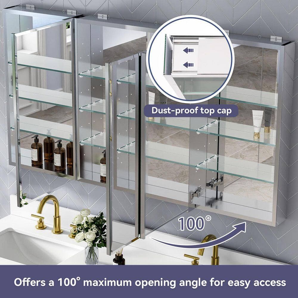 FORCLOVER Edge-Polished 56 in. W x 30 in. H Rectangular Aluminum Recessed/Surface Mount Medicine Cabinet with Mirror (3)