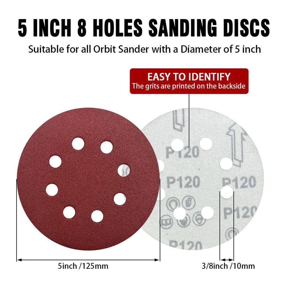 Unbranded 5 Inch Aluminum Oxide Sanding Discs Sandpaper with 8-Hole Hook and Loop for Random Orbital Sander (52-Pack) Mixed Grits (2)
