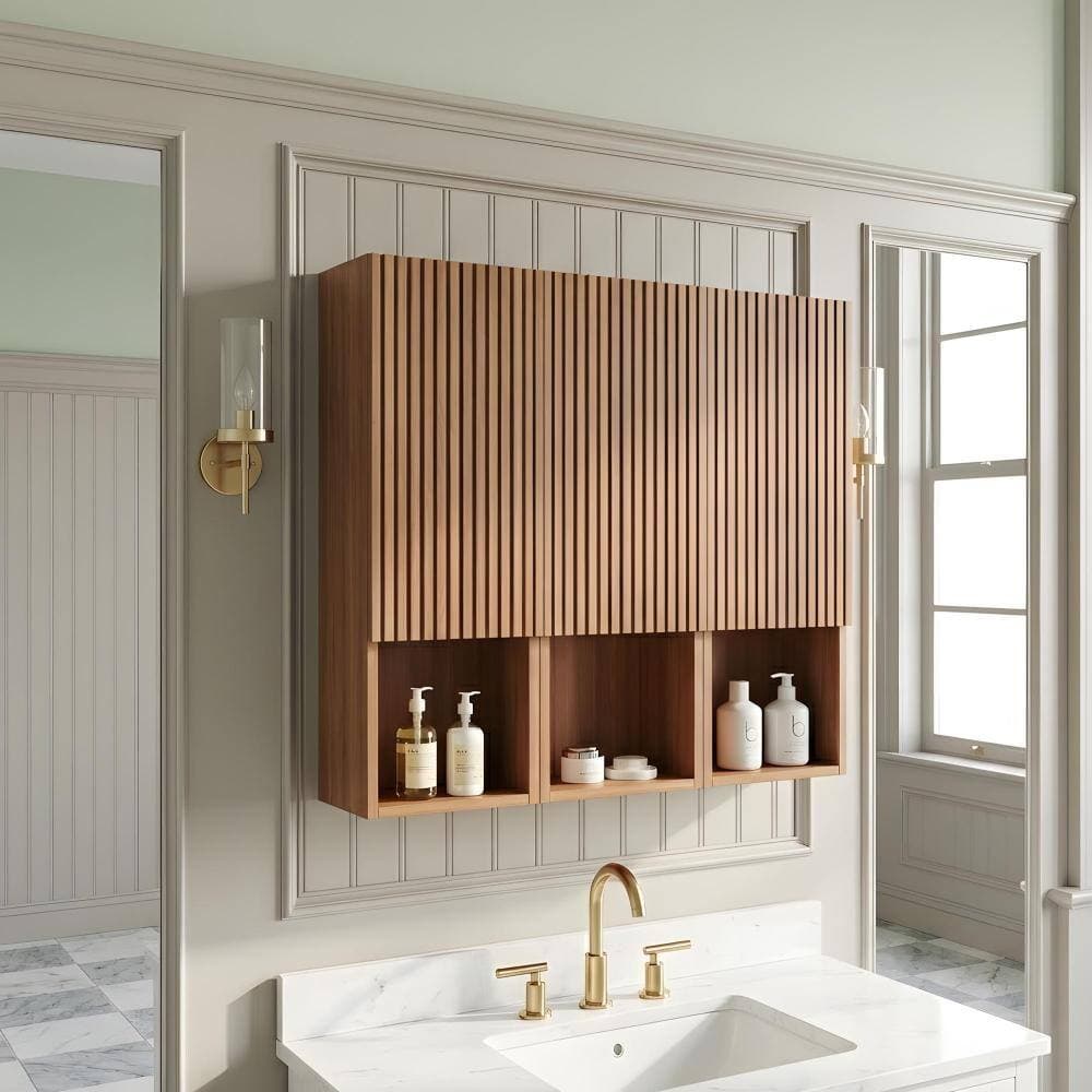 Zuvandra 41.34"W x 11.81"D x 35.43"H Plywood Bathroom Wall Cabinet in Brown Oak,Open Shelf (2)
