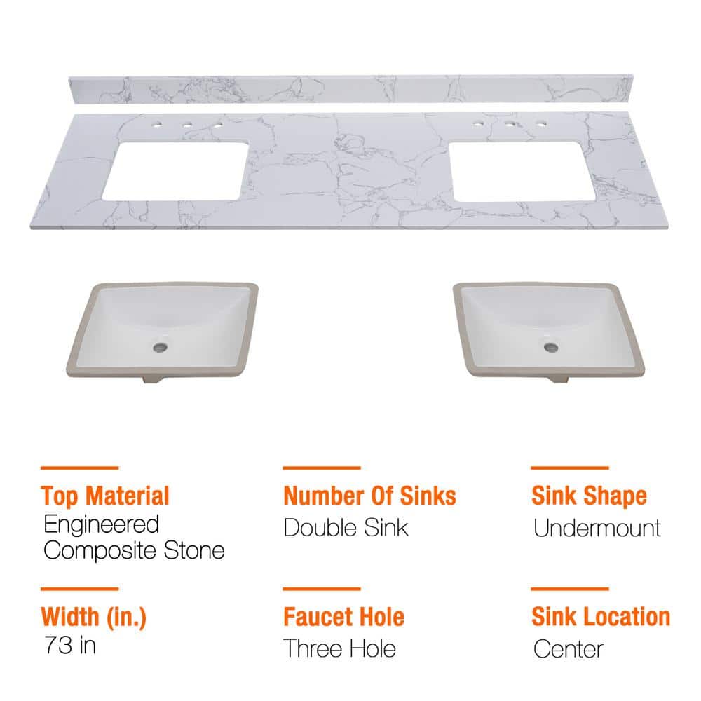 PROOX 73 in. W x 22 in. D Engineered Stone Composite Vanity Top in White with White Rectangular Double Sink (3)