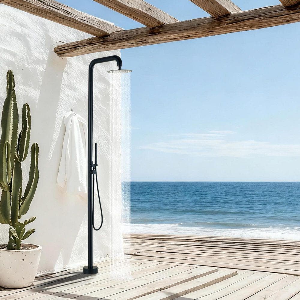 Tomfaucet 2-Handle 2-Spray Outdoor Freestanding Shower Faucet Kit 1.8 GPM Floor Mount Shower Kit w/ Hand Shower in Black (2)