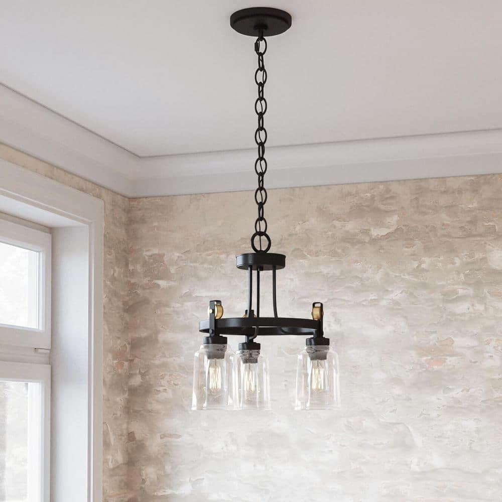 Home Decorators Collection Knollwood 17-1/2 in. 3-Light Black Bronze with Brass Accents Industrial Round Chandelier for Kitchens Bulbs Included (2)