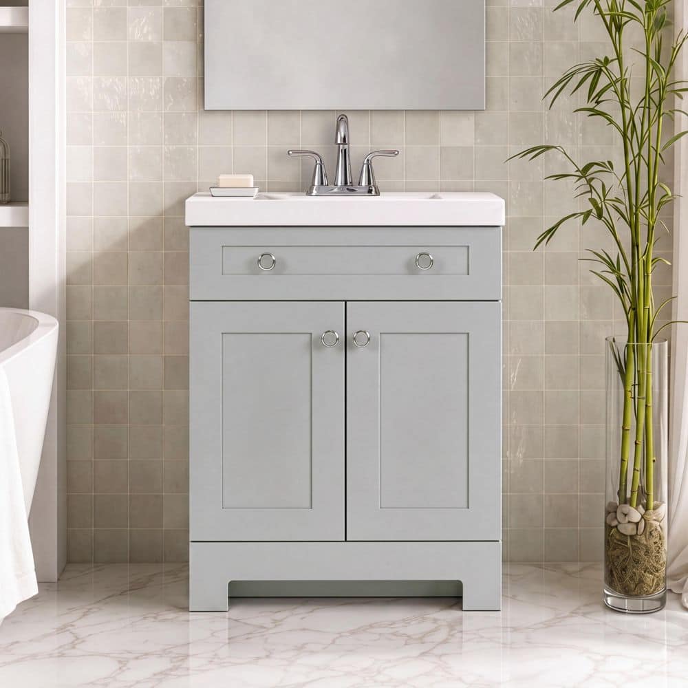Glacier Bay Everdean 25 in. Single Sink Pearl Gray Freestanding Bath Vanity with White Cultured Marble Top (Assembled) (2)