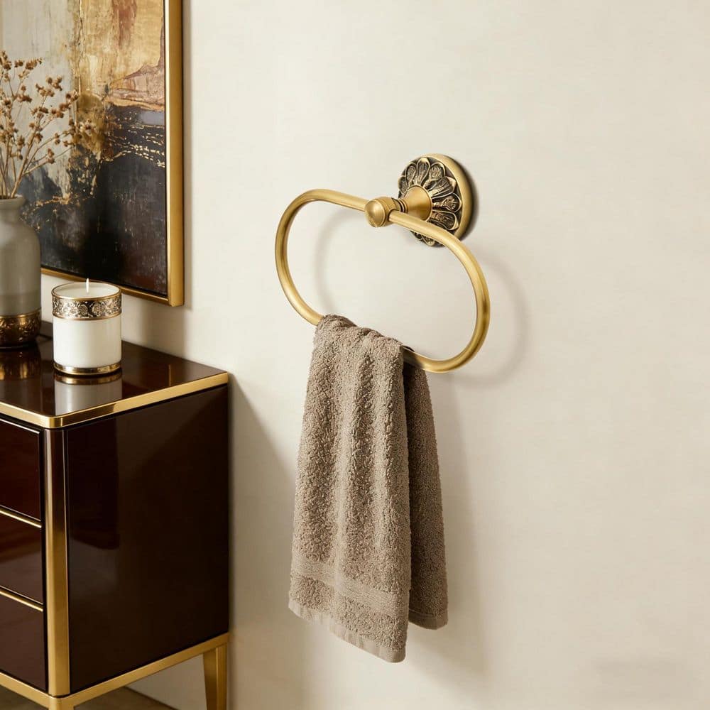 Anqtovp 2-Piece Bathroom Hardware Set Wall Mounted Brass Toilet Paper Holder and Towel Ring in Champagne Bronze (2)
