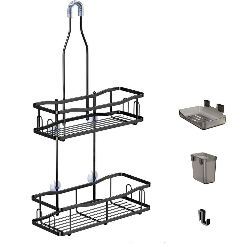 Anqtovp Hanging Rustproof Anti-Slip No-Drill Shower Caddy with Fast Drainage and Hooks in Matte Black (1)