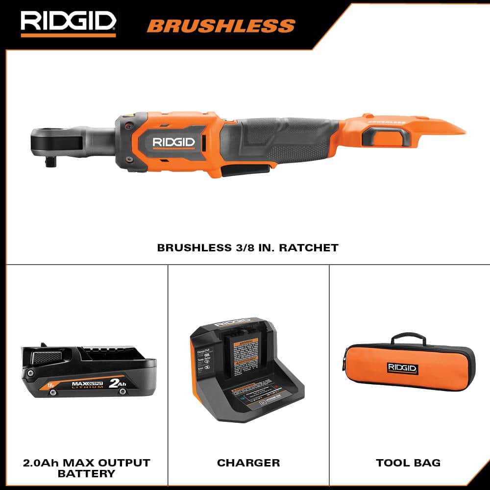 RIDGID 18V Brushless Cordless 3/8 in. Ratchet Kit with 2.0 Ah Battery and Charger (2)
