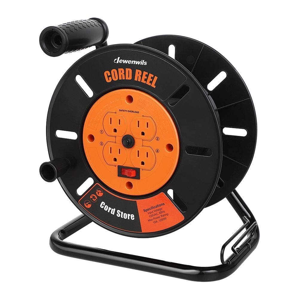 DEWENWILS Heavy-Duty Hand Wind 100 ft. 14/3,16/3 Gauge 10Amp Retractable Extension Cord Reel with 4 Grounded Outlets