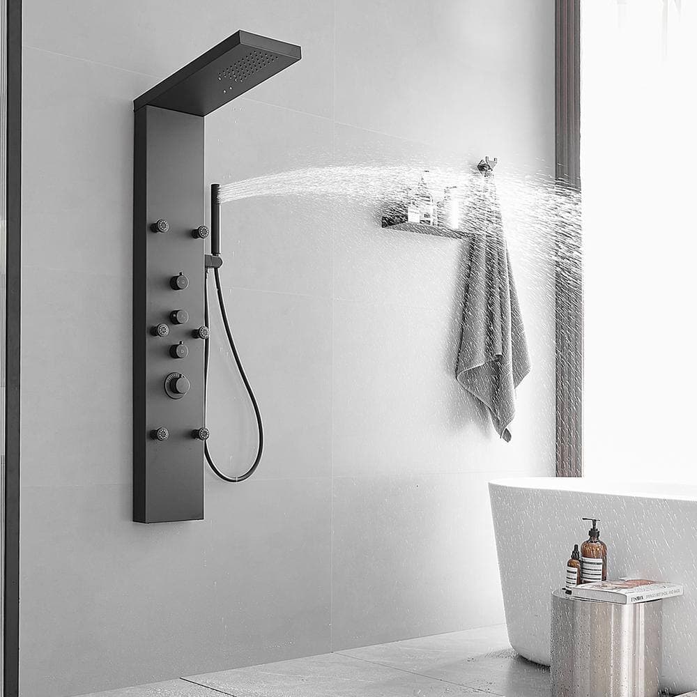 HOMEMYSTIQUE Dual 3-in-1 6-Jet Rainfall Shower Panel System with Rainfall Shower Head and Shower Wand in Stainless Steel (2)