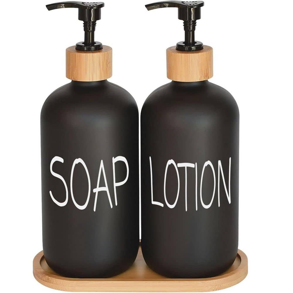 Wudkey Black Soap Dispenser Bathroom Set, Hand Soap and Lotion Set with Bamboo Pumps and Tray. Hand and Lotion Suitable