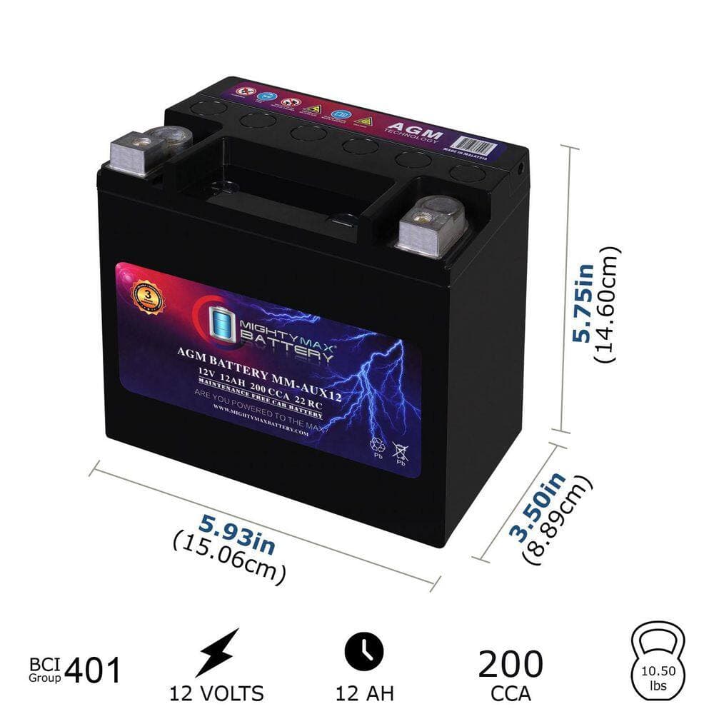 MIGHTY MAX BATTERY MM-AUX12 Auxiliary Battery 12V 12Ah, 22RC, 200 CCA Rechargeable AGM Car Battery (2)