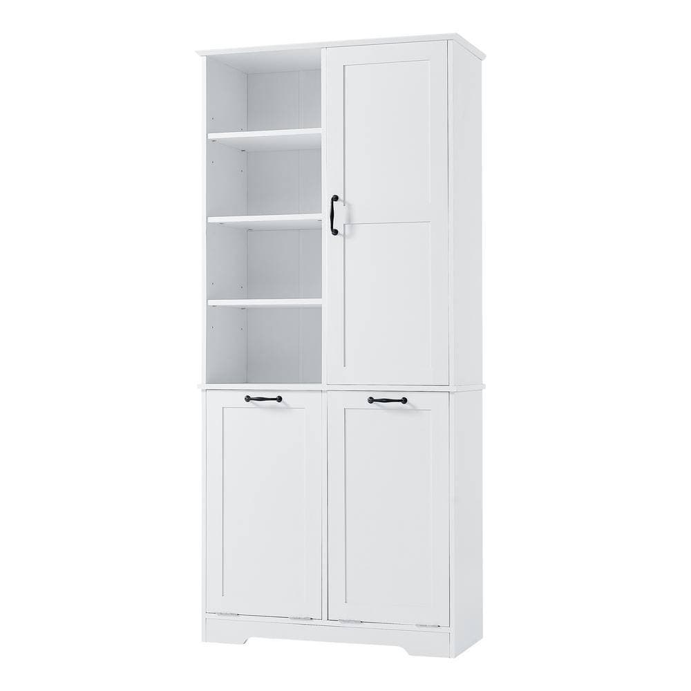 COWLOWN 31 in. W x 14 in. D x 68 in. H White Linen Cabinet with Doors, Open Shelves, Adjustable Shelf, Tilt-Out Laundry Hamper (2)