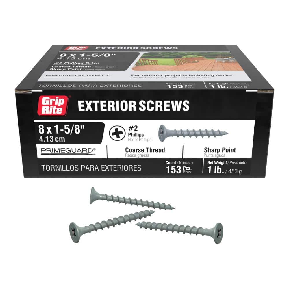 Grip-Rite #8 . # Phillips Bugle Head Coarse Thread Coated Exterior Wood Deck Screws Box