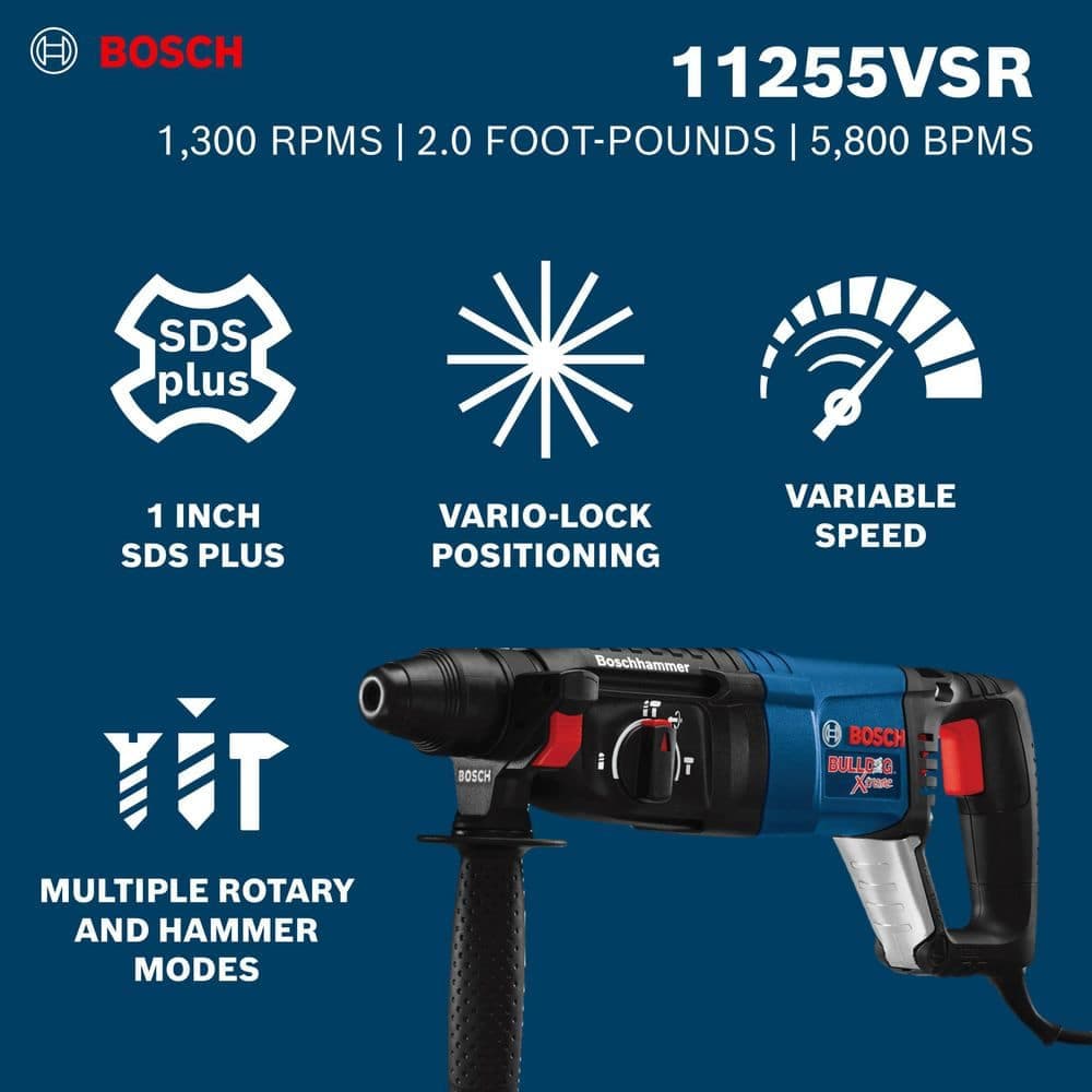 Bosch Bulldog Xtreme 8 Amp 1 in. Corded Variable Speed SDS-Plus Concrete/Masonry Rotary Hammer Drill with Carrying Case (2)