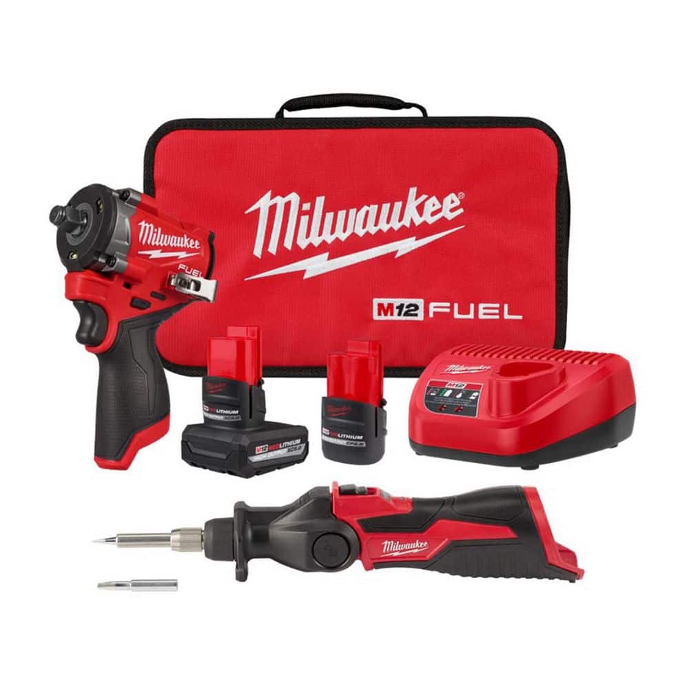 Milwaukee M12 FUEL 12V Li-Ion Brushless Cordless Stubby 1/2 in. Impact Wrench Kit w/ (2) High Output Batteries & Soldering Iron