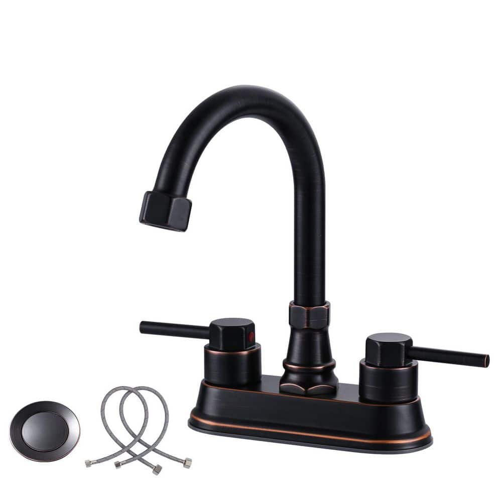 IVIGA 4 in. Centerset 3-Hole Double Handle High Arc Bathroom Faucet with Pop Up Drain and Supply Hoses in Oil Rubbed Bronze (1)