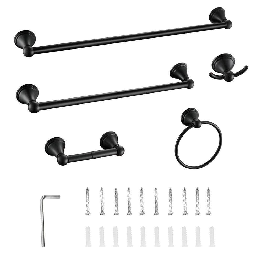KHKFY 5-Piece Matte Black Bathroom Hardware Set with 24 in and 16 in Towel Bars, Towel Ring, and Toilet Paper Holder (2)