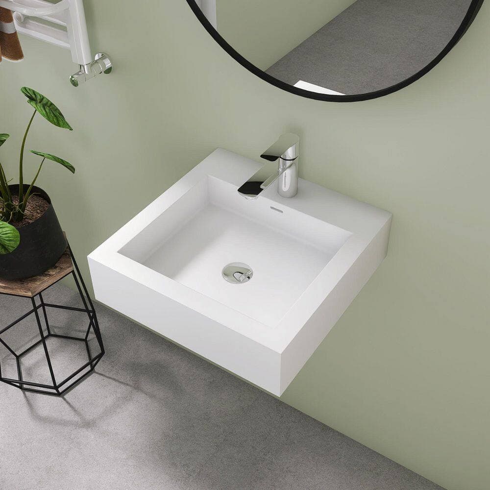 SJ STAR&JANE 19 x 19 in. Solid Surface Wall Mount or Countertop Bathroom Vessel Sink with Faucet Holes in Matte White (3)