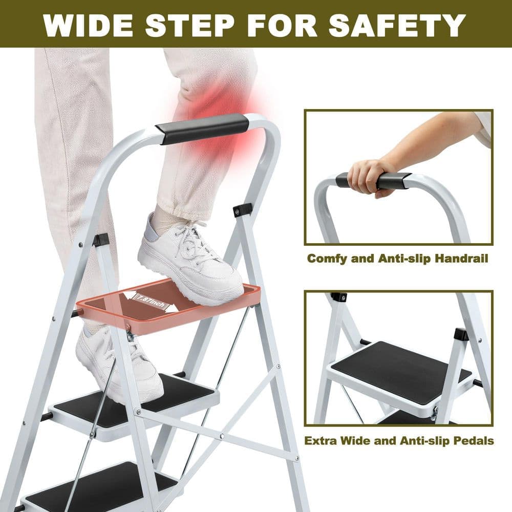 maocao hoom 3 ft. Reach 3-Step Iron Ladder Foldable Non-Slip Outdoor Ladder Loading 500 lbs. for Home, Kitchen, Office, White (3)