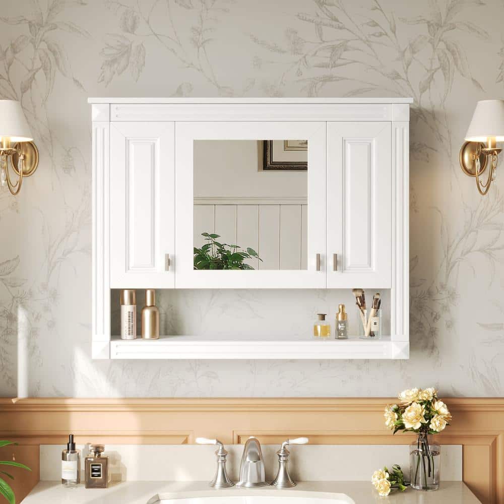 Unbranded 35 in White Bathroom Wall Cabinet with Mirror, Wall Mounted Medicine Cabinet with Open Shelf, Toilet Storage Cabinet (3)