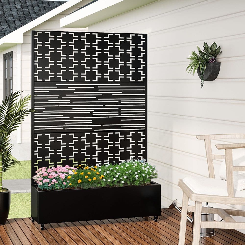 Lumioca 71.37 In. H x 46.8 In. W Iron Black Planting Box with Climbing Frame Decorative Art Panel (Flower Shaped+Blinds) (3)