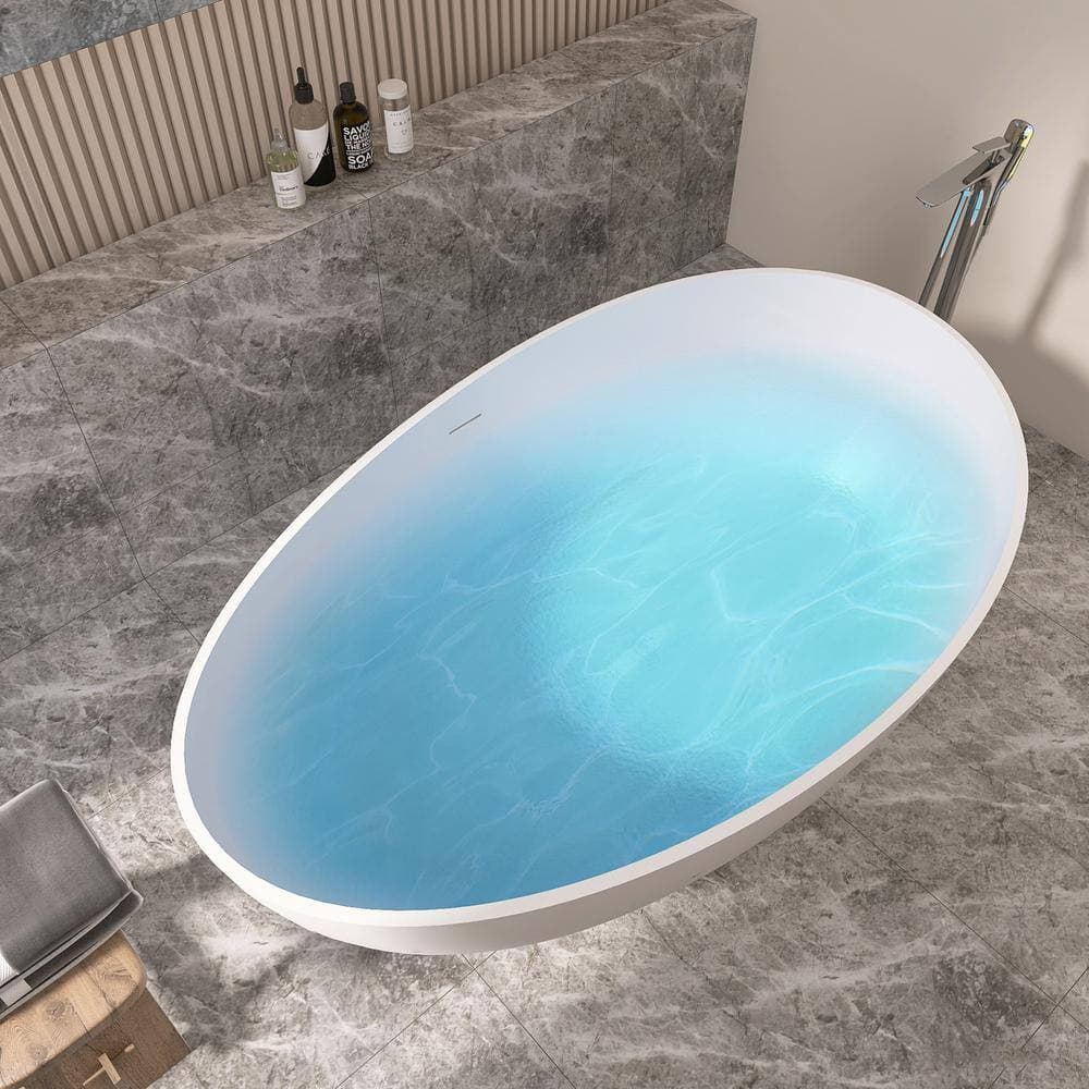 Zeafive Dow 63 in. x 37.4 in. Solid Surface Stone Resin Flatbottom Freestanding Soaking Bathtub with Center Drain in Matte White (2)