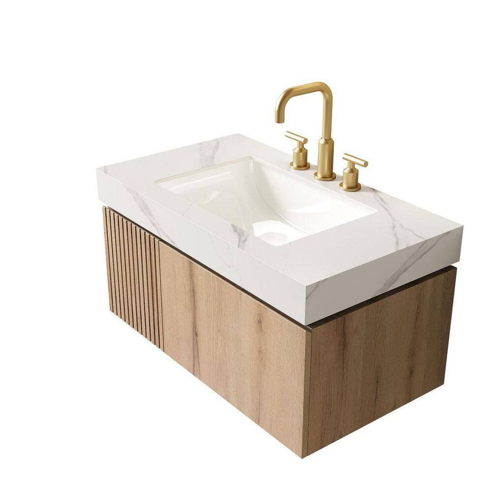 LIVACA 36 in. 18.9 in. Drop-In Sink Bathroom Sink in Carrara White Sintered Stone and Ceramic with Pre-Drilled Faucet Holes (3)