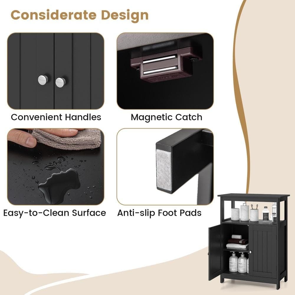 HONGGE Bathroom Floor Storage Cabinet Open Shelf 2-Door Compartment and Removable Adjustable Shelf (2)