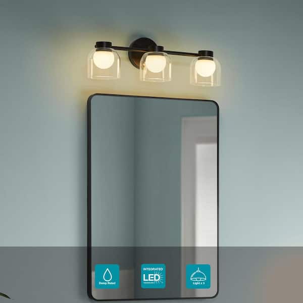 Hampton Bay Bloomsbury 22 in. 3-Light Matte Black LED 5CCT Bathroom Vanity Light with Clear Glass Shade