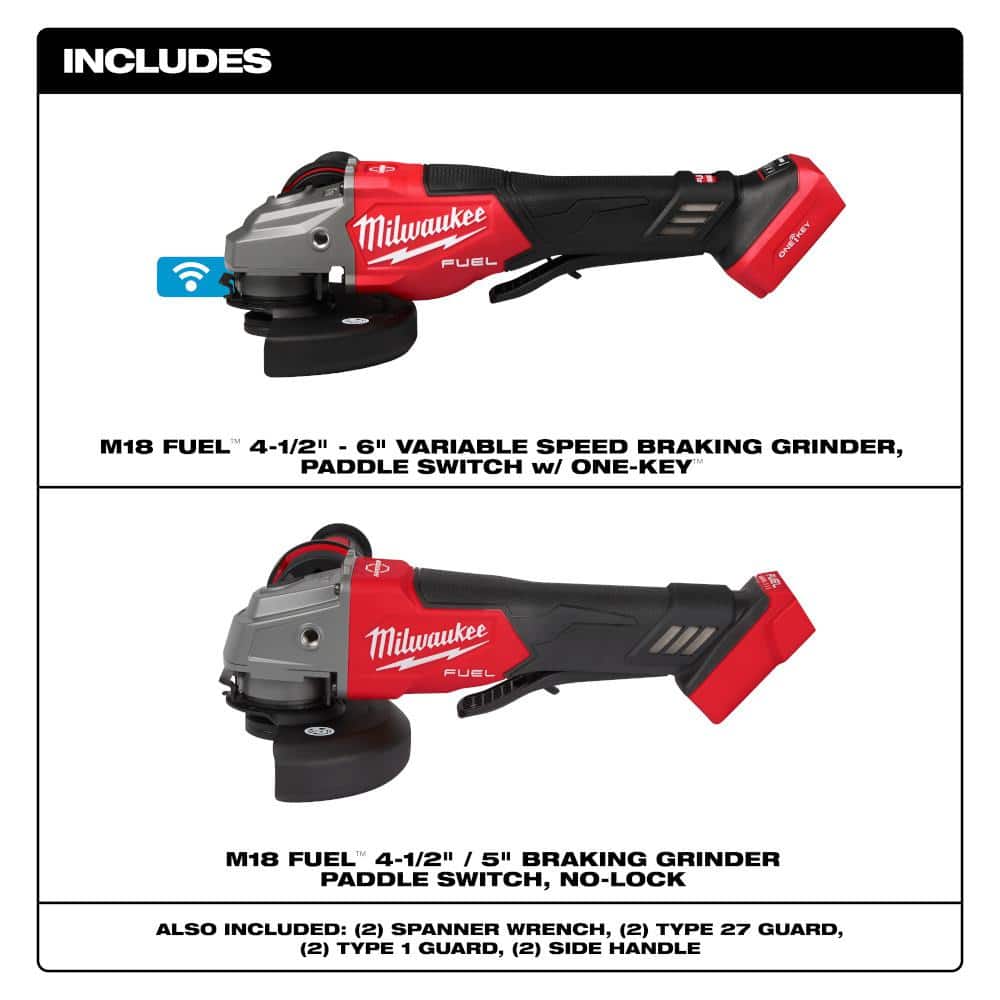 Milwaukee M18 FUEL ONE-KEY 18V Lithium-Ion Brushless Cordless 4-1/2 in. /6 in. Grinder w/Paddle Switch w/ 4-1/2 in. /5 in. Grinder (3)