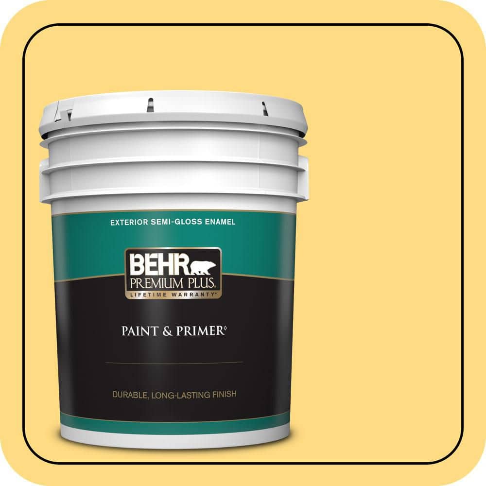 BEHR PREMIUM PLUS 5 gal. #P290-4 Spirited Yellow Semi-Gloss Enamel Exterior Paint & Primer
