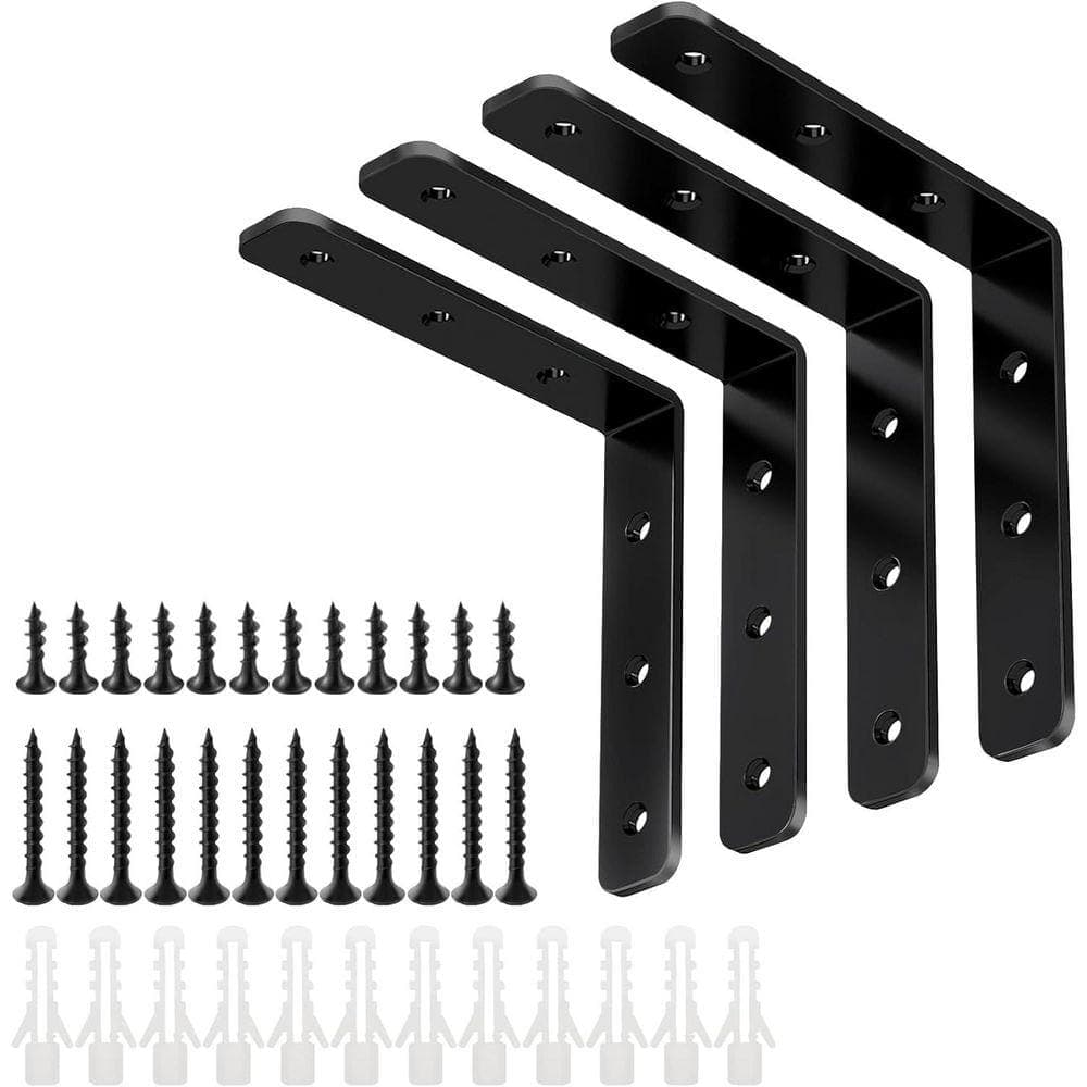 KIWDZFU 4 in. x 4 in. Stainless Steel Solid Shelf Support Corner Brace Joint Right Angle Bracket, 25 lb. Max Load, Black, 4-Pack (1)